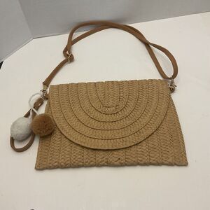 Vintage Woven Rafia Purse Crossbody Shoulder Bag With Pom Poms 8” By 11”